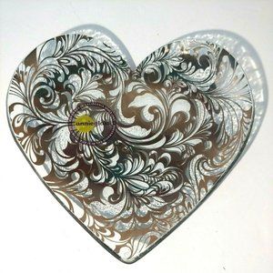 Annieglass Heart Shaped Dish with 24k Gold Florentine Design Handmade Plate